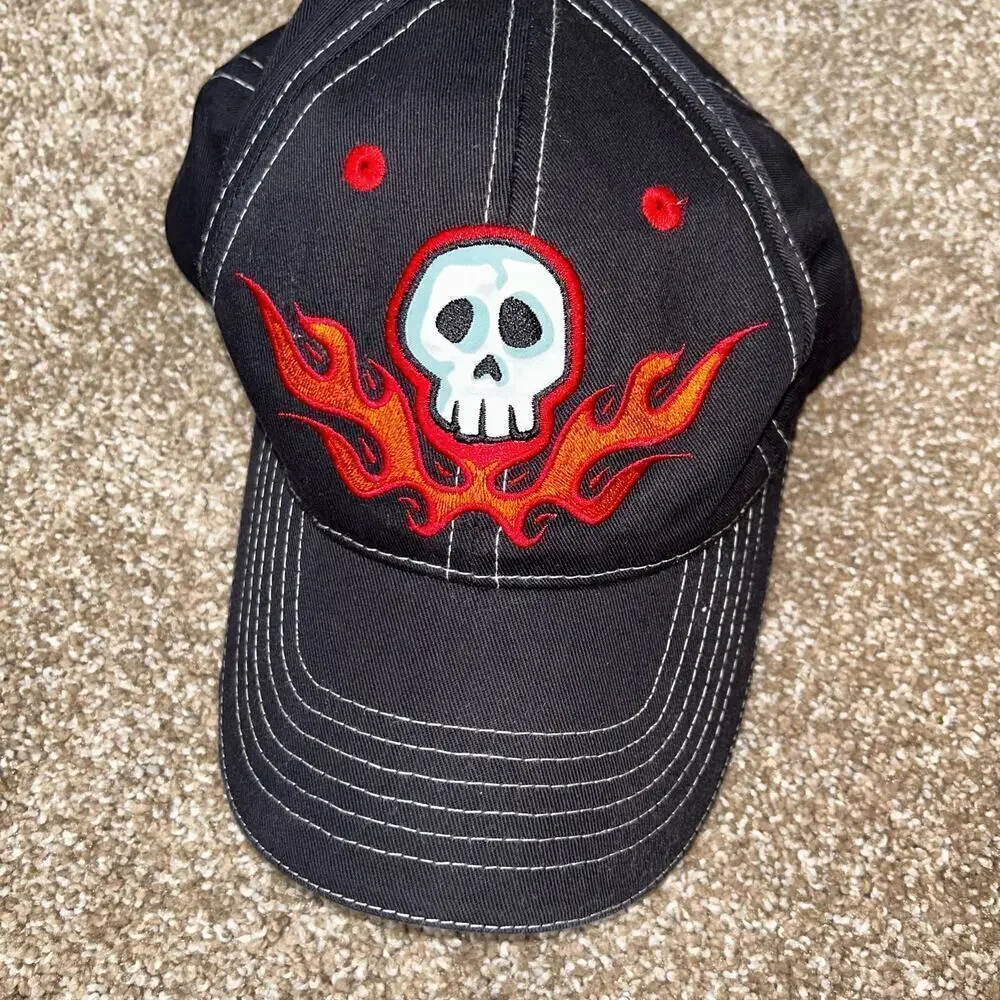 Streetwear skull flames hat cap black embroidered skull Halloween biker …